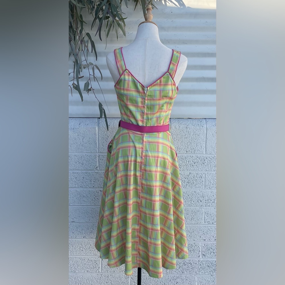 💖Voodoo Vixen Vintage Plaid Dress Heart Belt Green Pink Size M - Picture 9 of 12